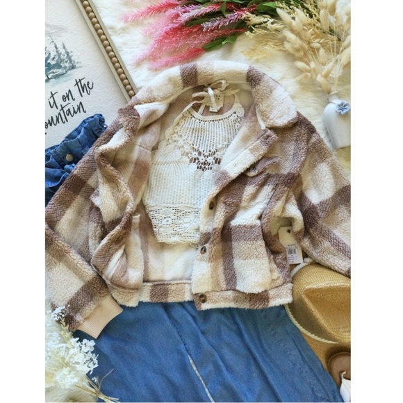 NWT Billabong Grafton Neutral Tone Plaid Sherpa Jacket - Picture 2 of 10